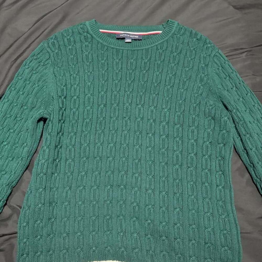 Tommy Hilfiger Cable-Knit Sweater Size L Green Colorblock Crewneck